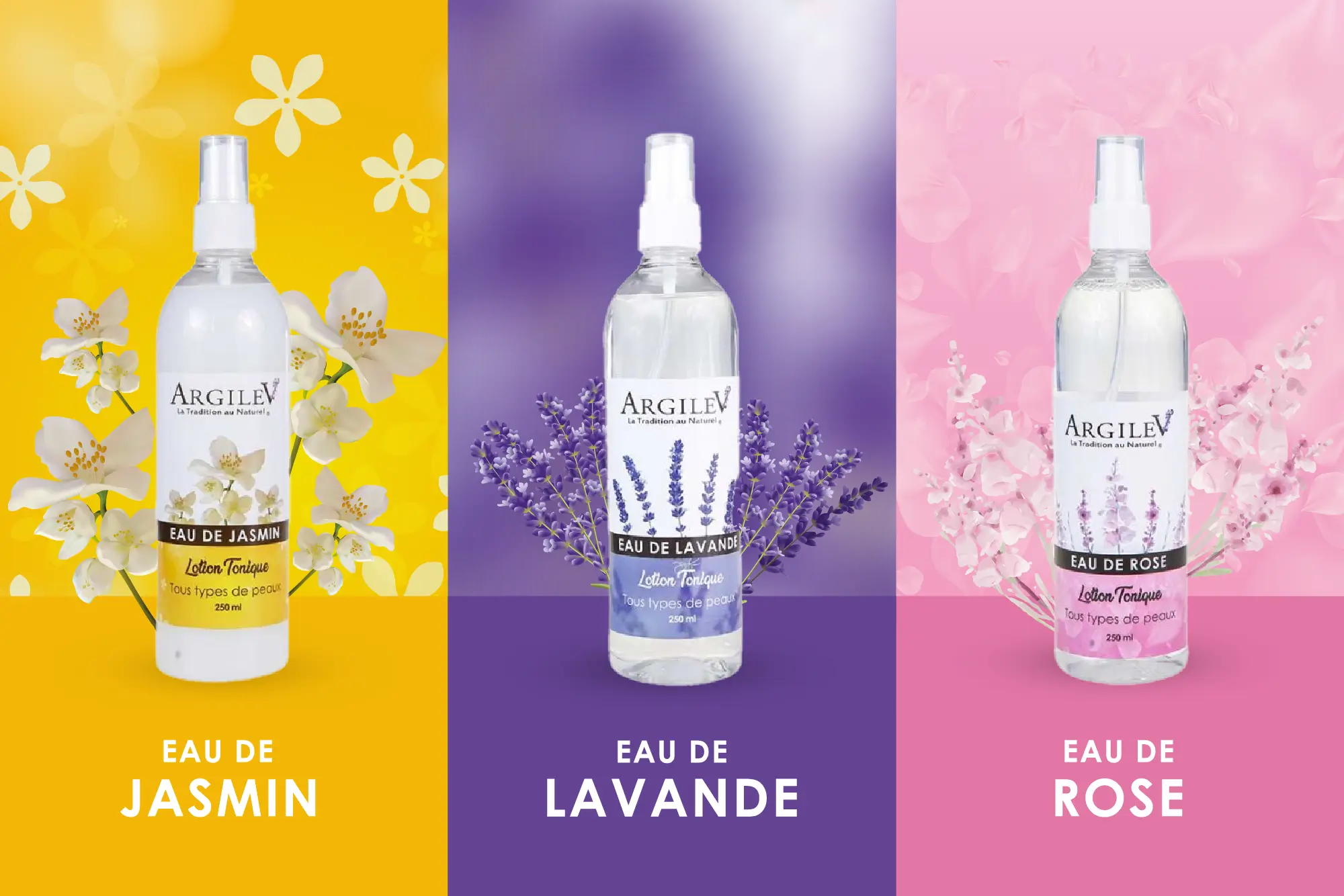 Conception d'étiquette eau de rose, jasmin, lavande ARGILEV